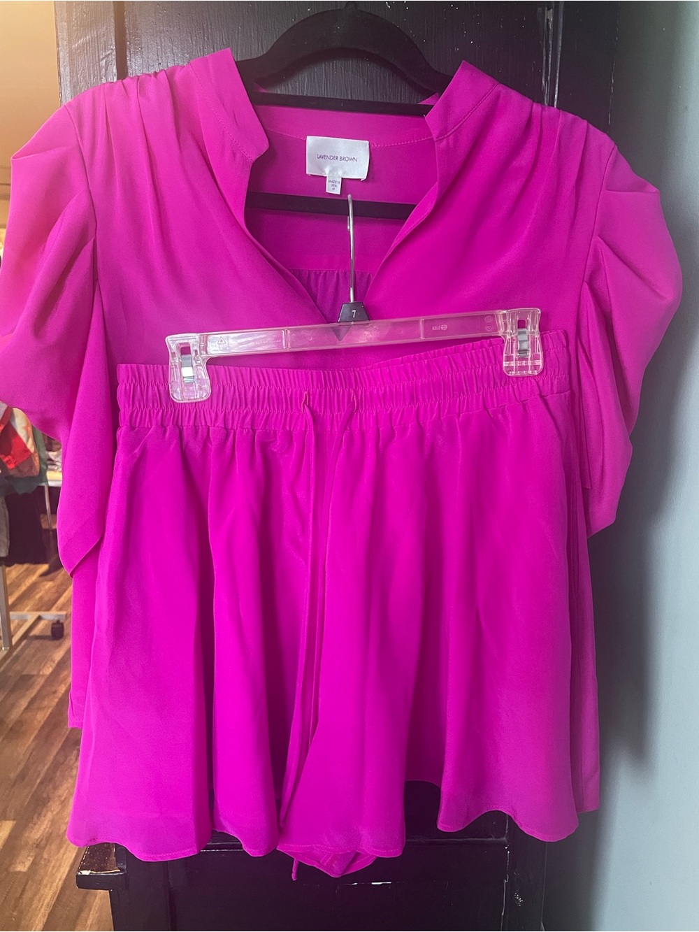 Lavender Brown Hot Pink 2 Piece set Ruffle Top Flowy Tie Shorts